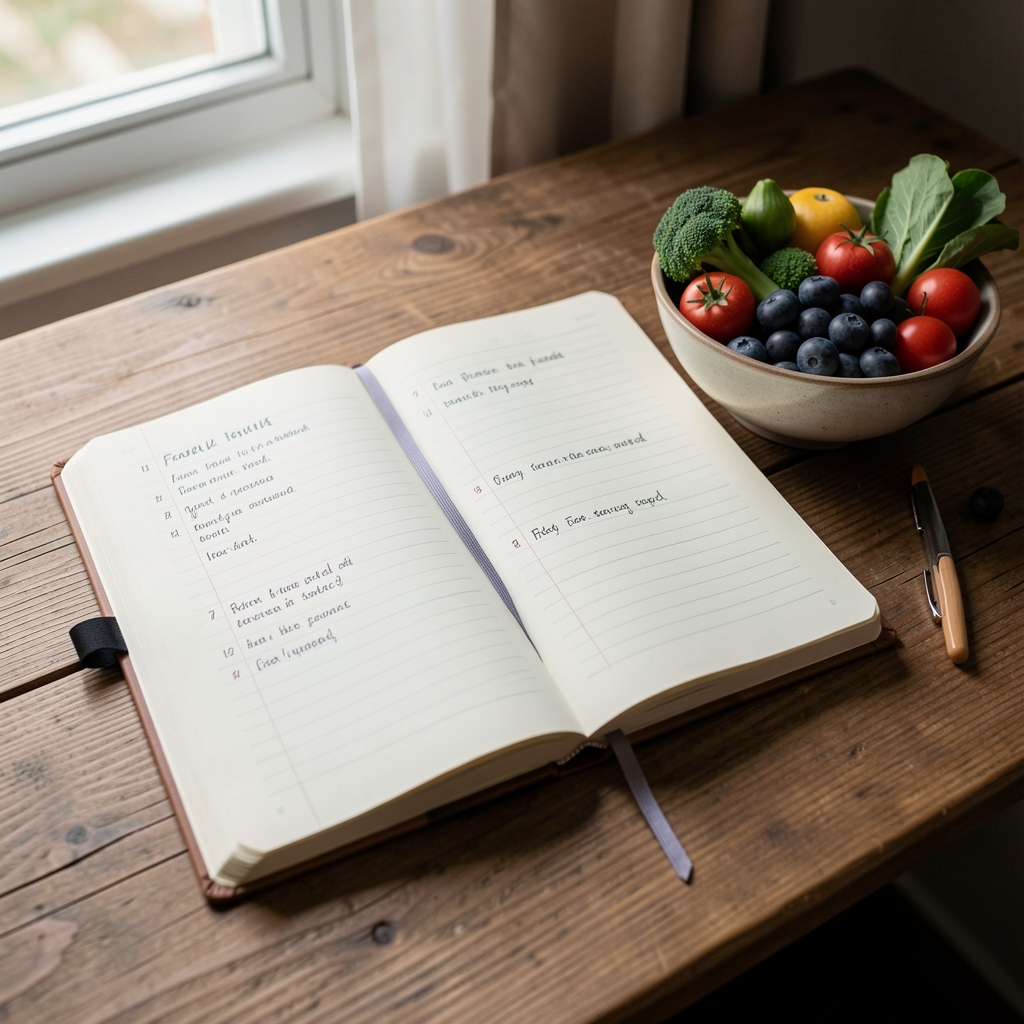 Open food journal notebook on a wooden desk beside a small bowl of seasonal produce, natural daylight, documentary composition